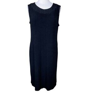 R & M Richards Black Sleeveless Ribbed Knit Embellished Neck VTG Midi Dress 16